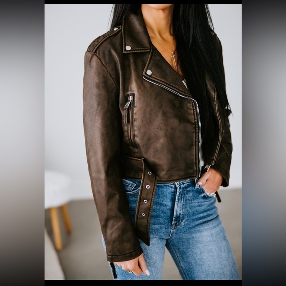 Lily & Lottie Jackets & Blazers - Lily & Lottie Akira Moto Jacket Asymmetrical Zip Front Closure Brown Size S